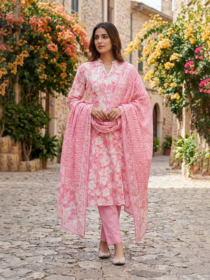 Printed Cotton Kurta With Pant &amp; Dupatta