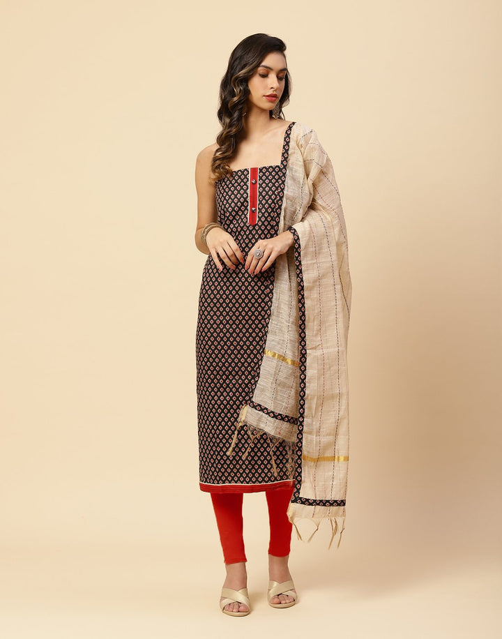 Printed Cotton Suit Piece With Kantha Work