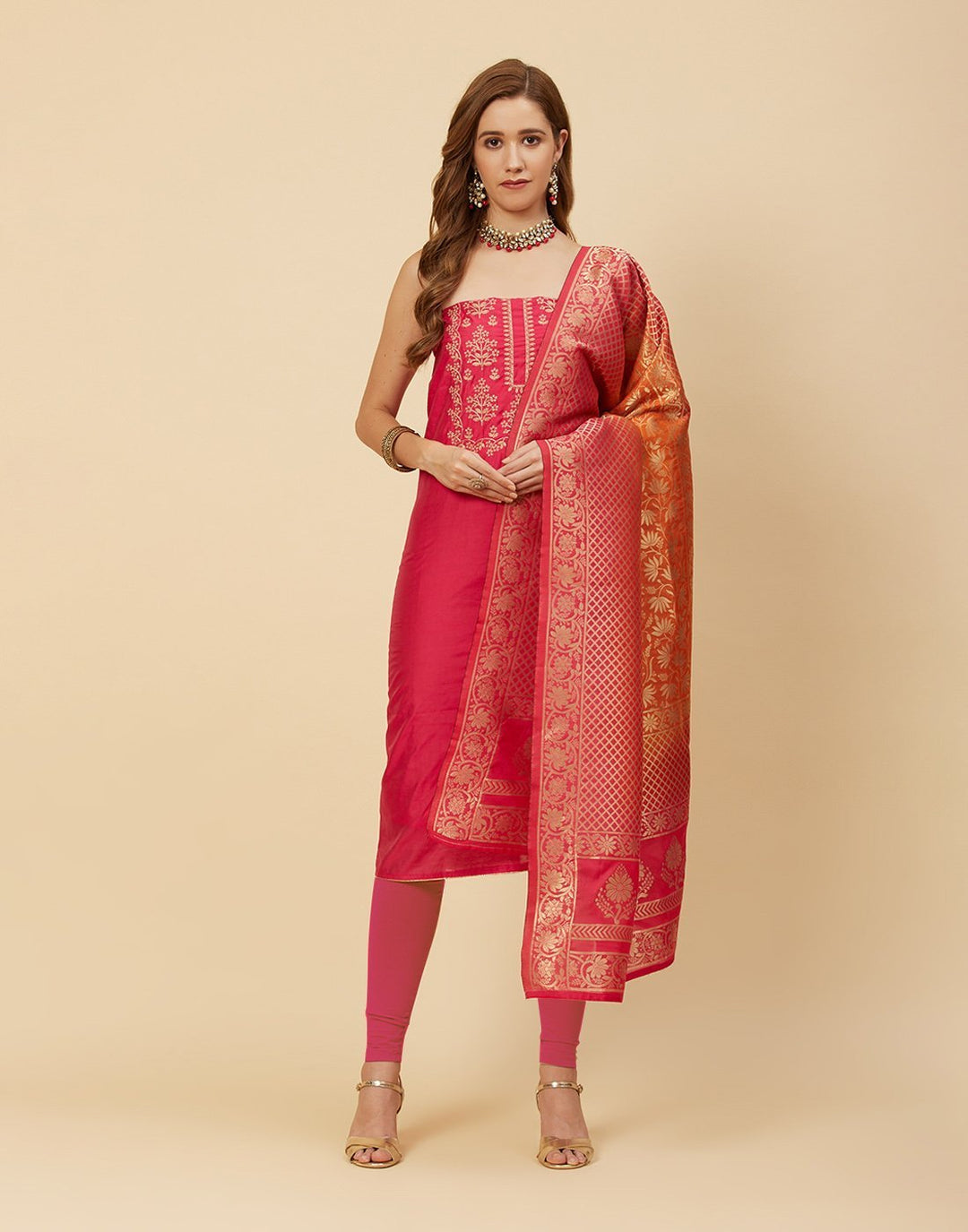 Embroidered Chanderi Suit Piece With Banarasi Dupatta