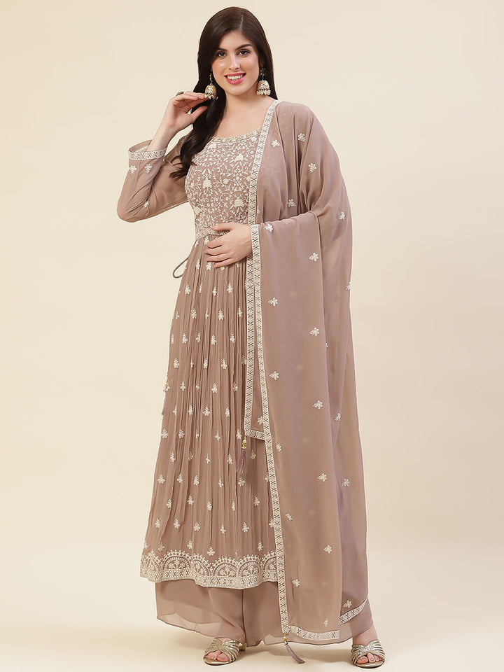 Resham Embroidered Booti Georgette Kurta With Palazzo &amp; Dupatta