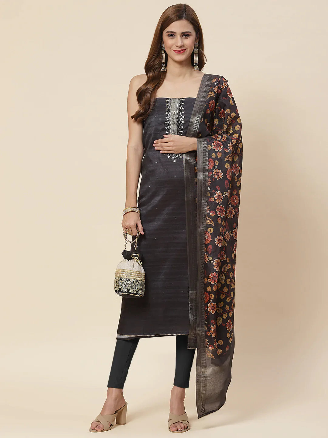Neck Embroidered Chanderi Unstitched Suit Piece With Dupatta