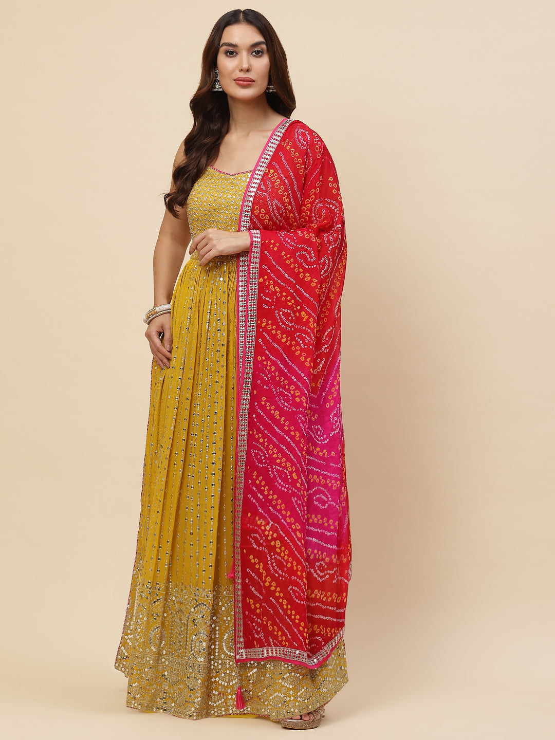 Sequin Embroidered Georgette Kurta With Sharara &amp; Dupatta