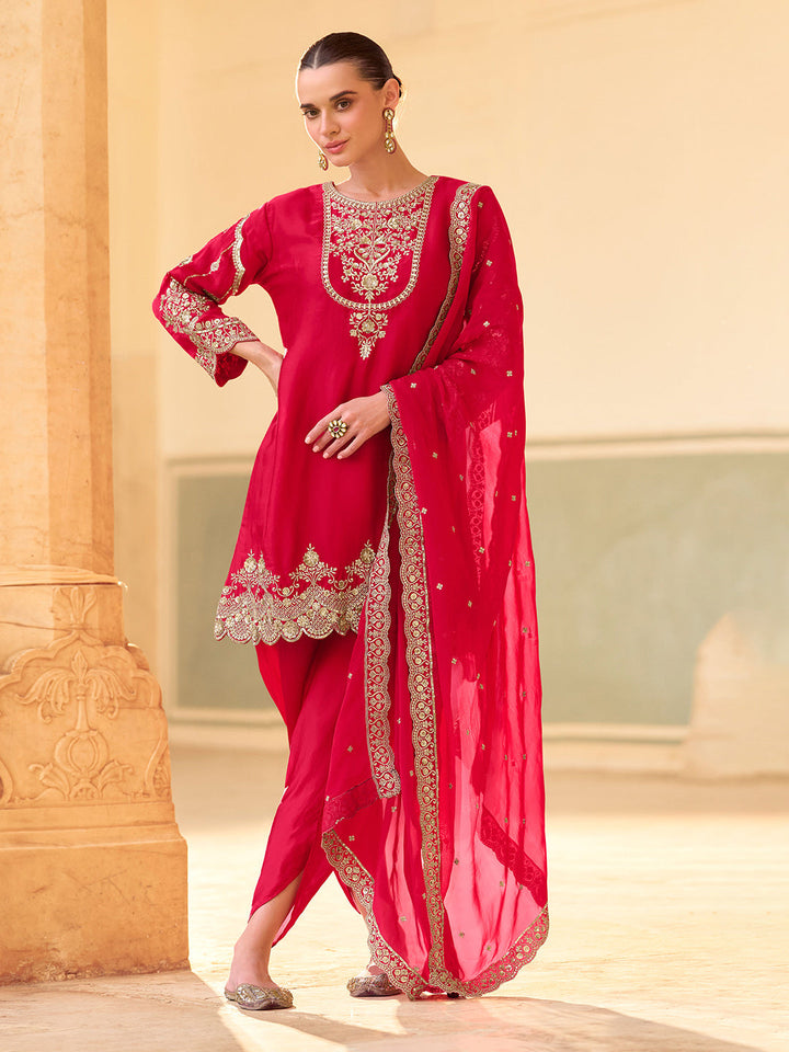 Embroidered Crepe Silk Kurti With Patiala Salwar &amp; Dupatta