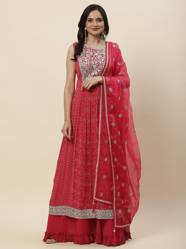 Bandhani Printed Georgette Long Kurta With Skirt &amp; Dupatta