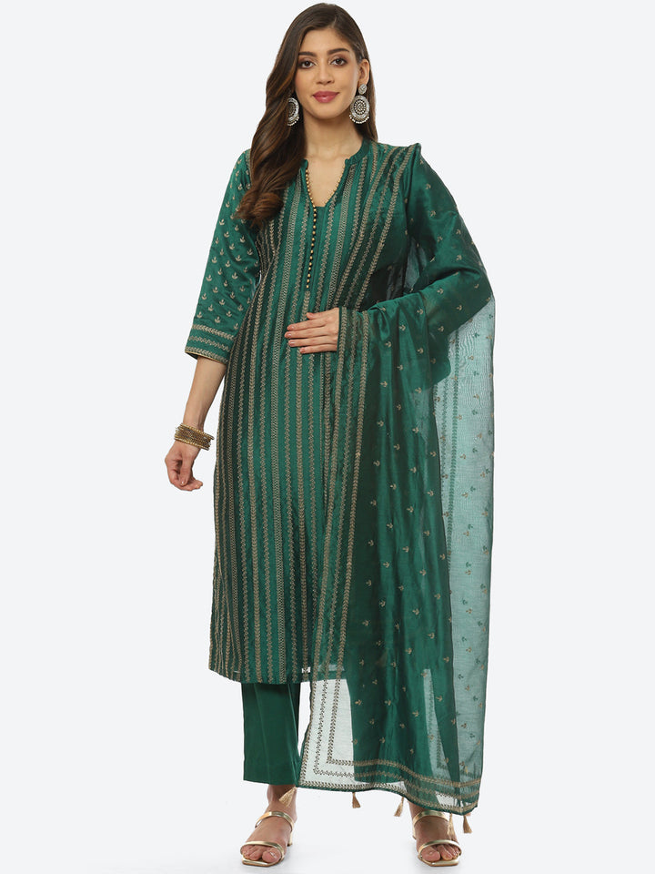 Resham Embroidered Booti Border Chanderi kurta With Pant &amp; Dupatta