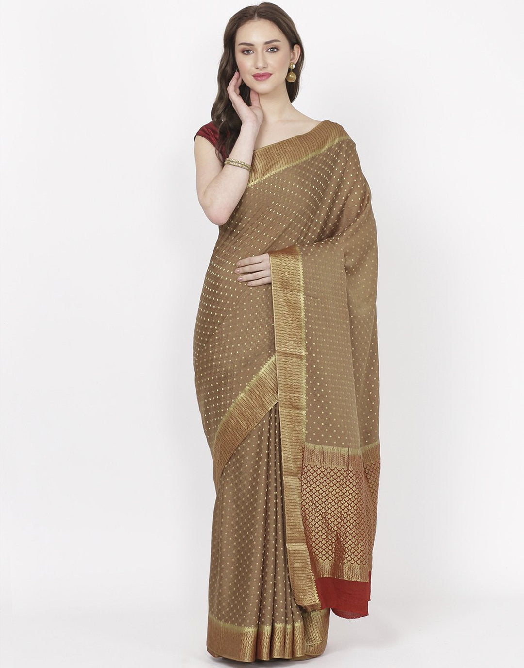 Beige Crepe Jacquard Saree