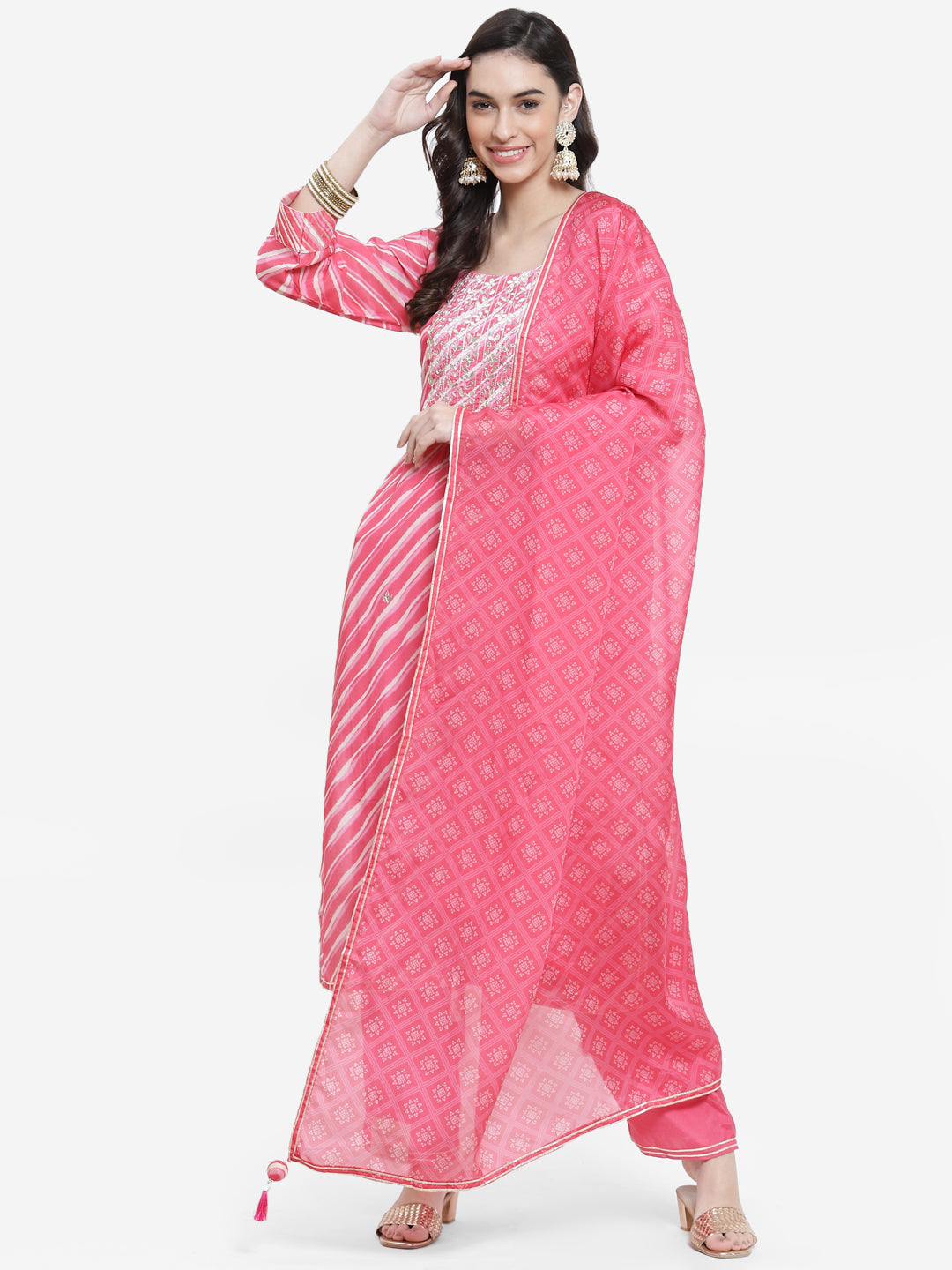 Leheriya Printed Gota Work Cotton Stitched Salwar Kameez With Printed Organza Dupatta