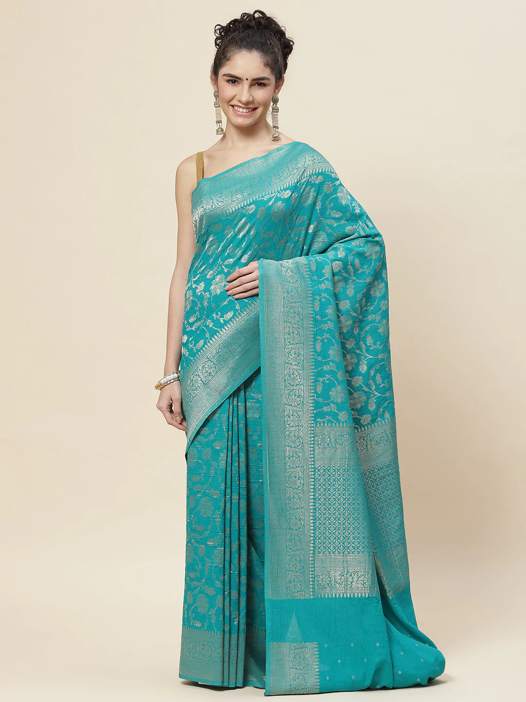 Floral Zari Jaal Tussar Plain Saree