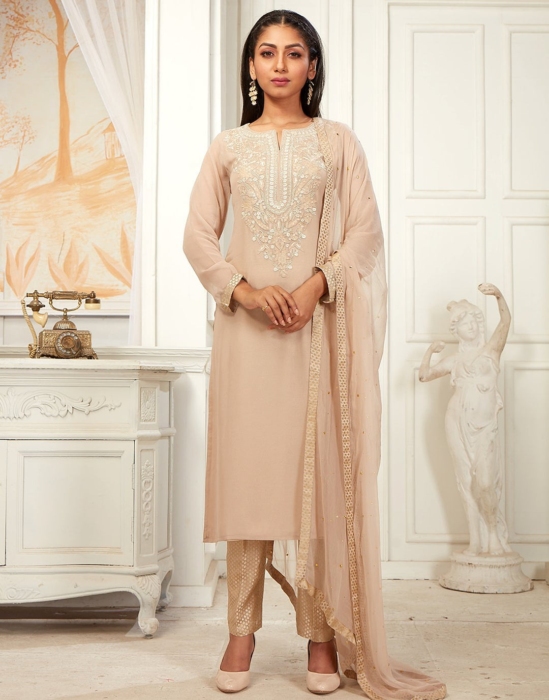 Georgette Kurta Brocade Pant Set