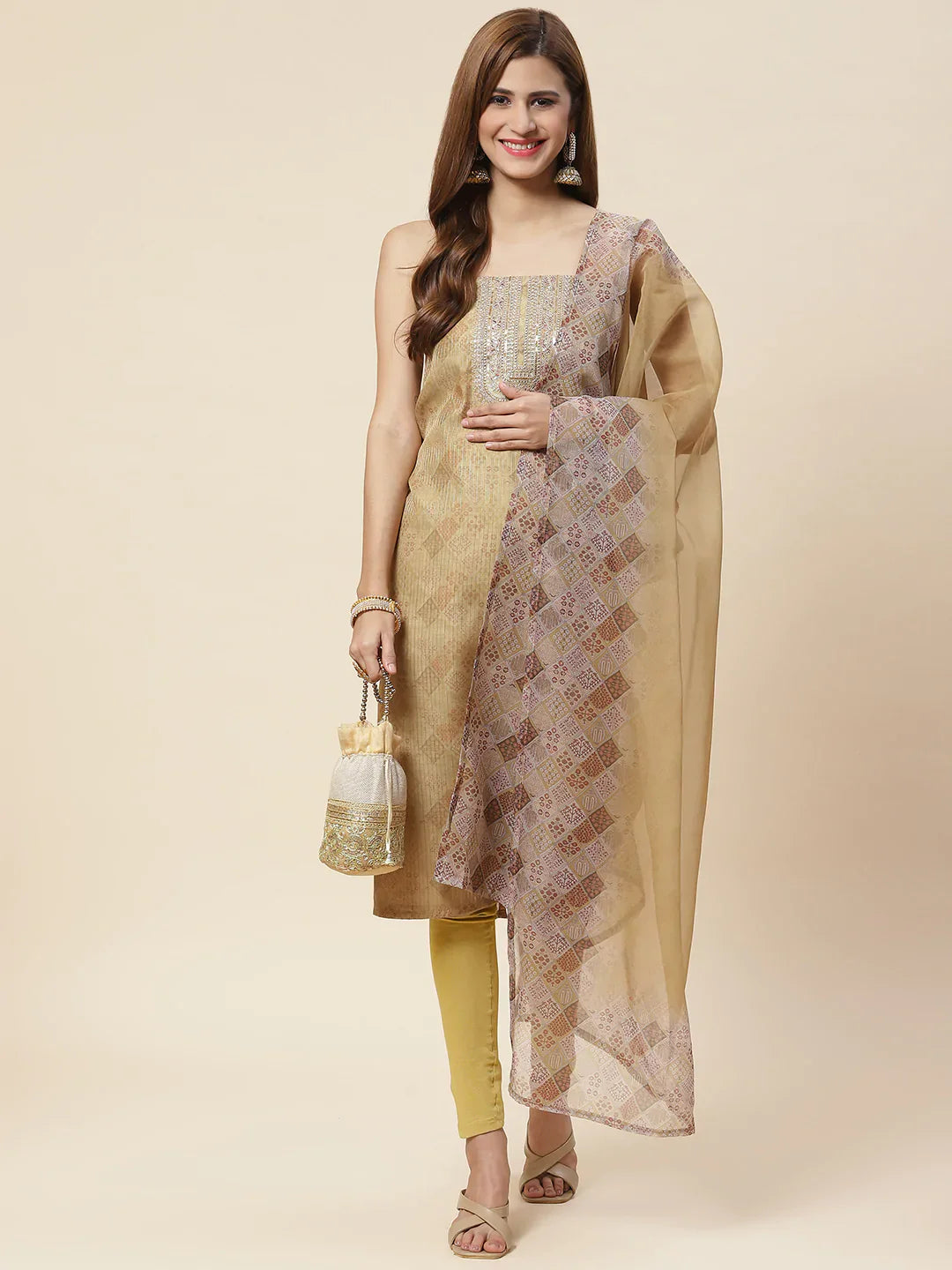 Neck Embroidered Chanderi Unstitched Suit Piece With Dupatta