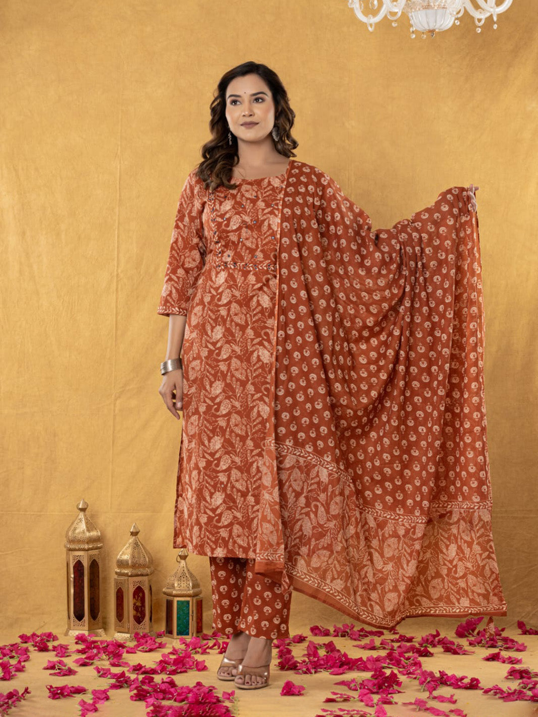 Orange Embroidered Cotton Blend Straight Suit Set With Dupatta
