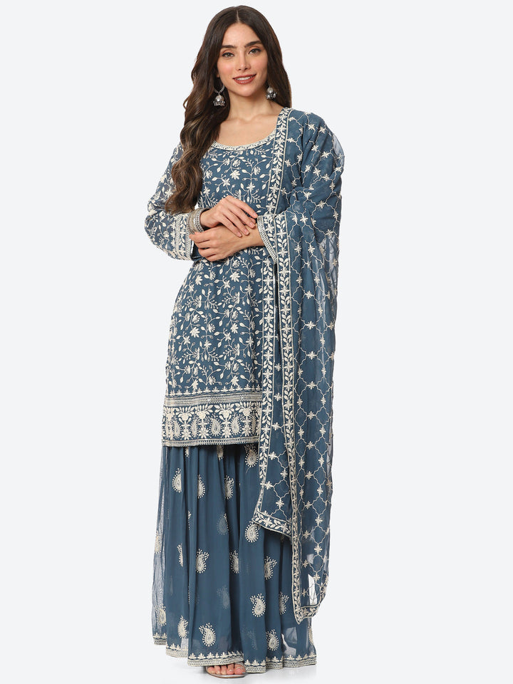 Resham Embroidered Georgette Kurta With Garara &amp; Dupatta