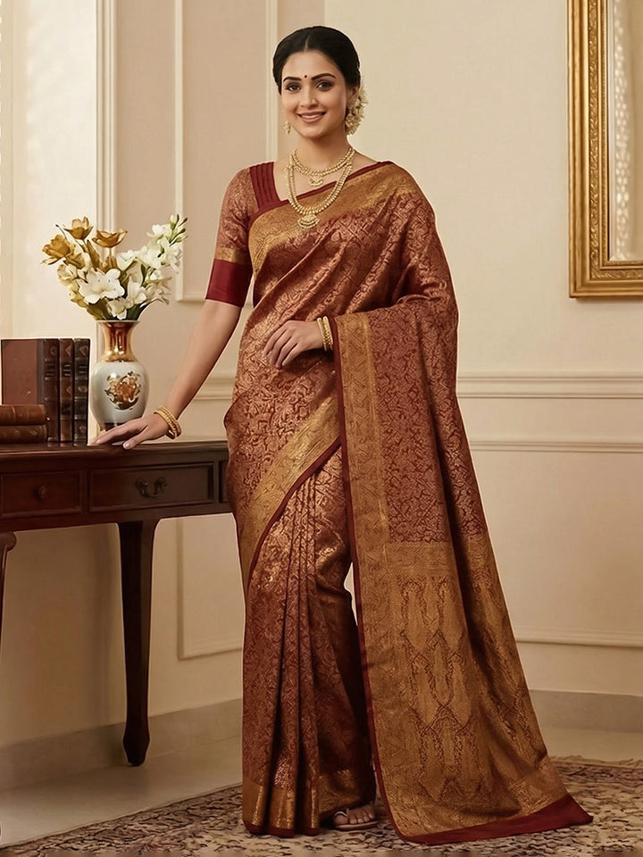 Maroon Woven Design Satan Resham Banarasi Saree
