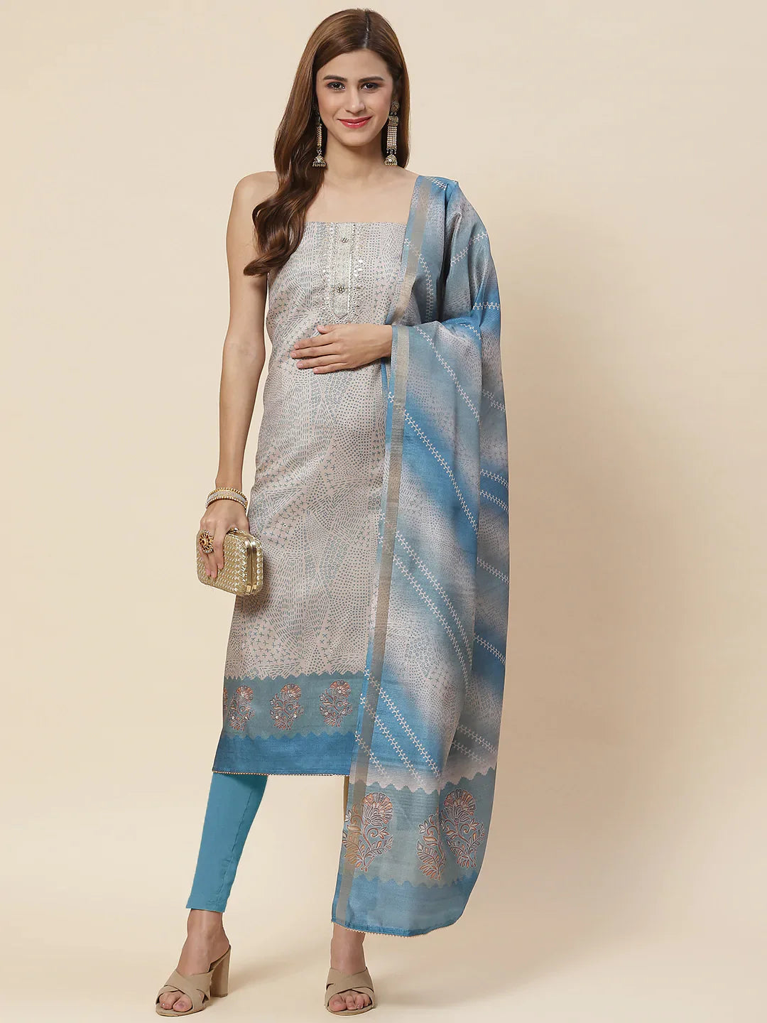 Neck Embroidered Art Tussar Unstitched Suit Piece With Dupatta