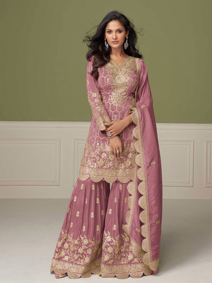 Embroidered Art Silk Kurta With Gharara &amp; Dupatta