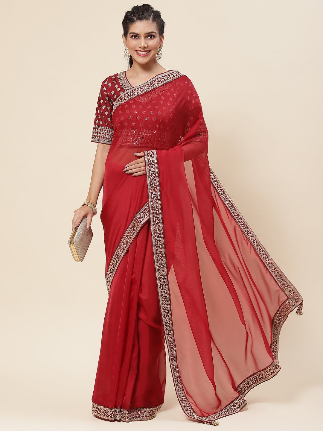 Plain &amp; Embroidered Border Organza Saree