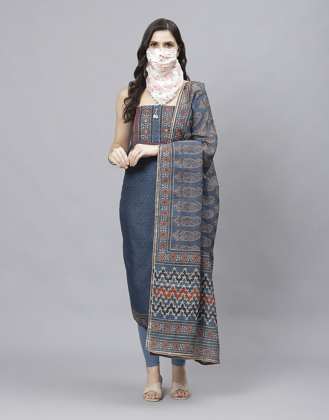 Printed Chanderi Suit Piece With Chanderi Dupatta And Scarf