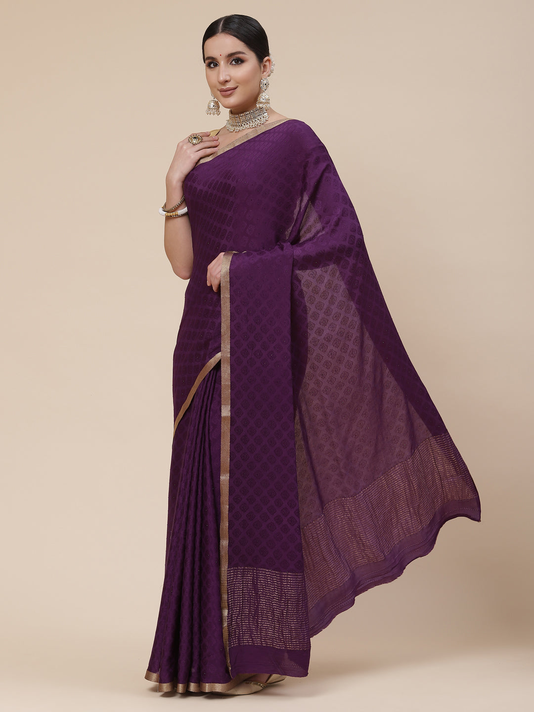 Piped Border Crepe Plain Saree