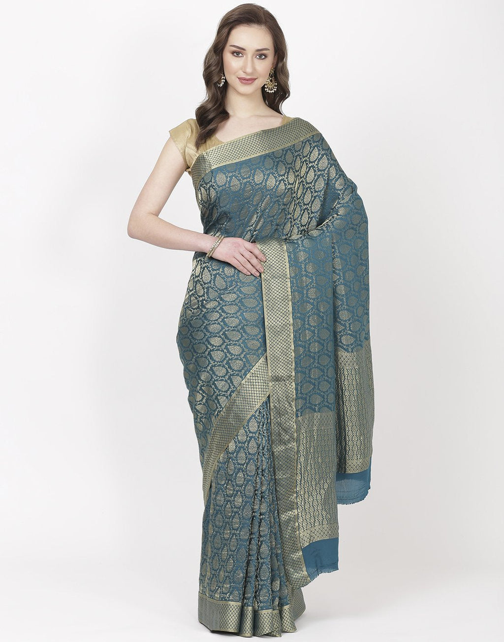 MBZ Meena Bazaar-Peacock Blue Crepe Saree
