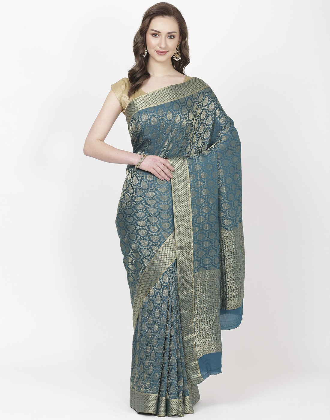 MBZ Meena Bazaar-Peacock Blue Crepe Saree