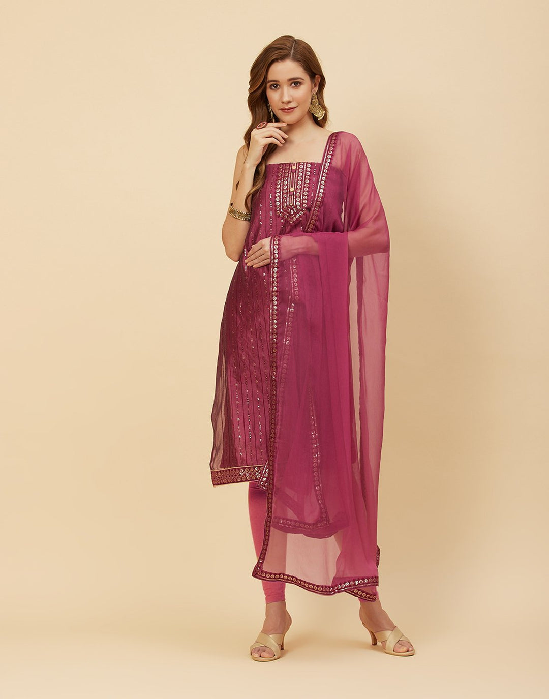 Embroidered Chanderi Suit Piece With Chiffon Dupatta