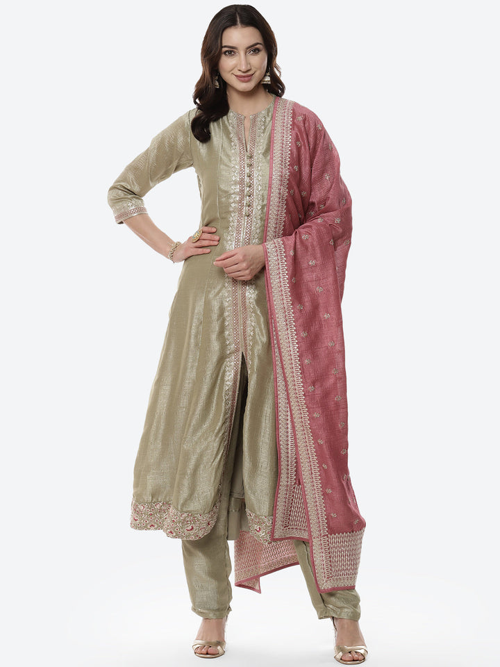 Embroidered Zari Dupion Stitched Salwar Kameez With Embroidered Chanderi Dupatta