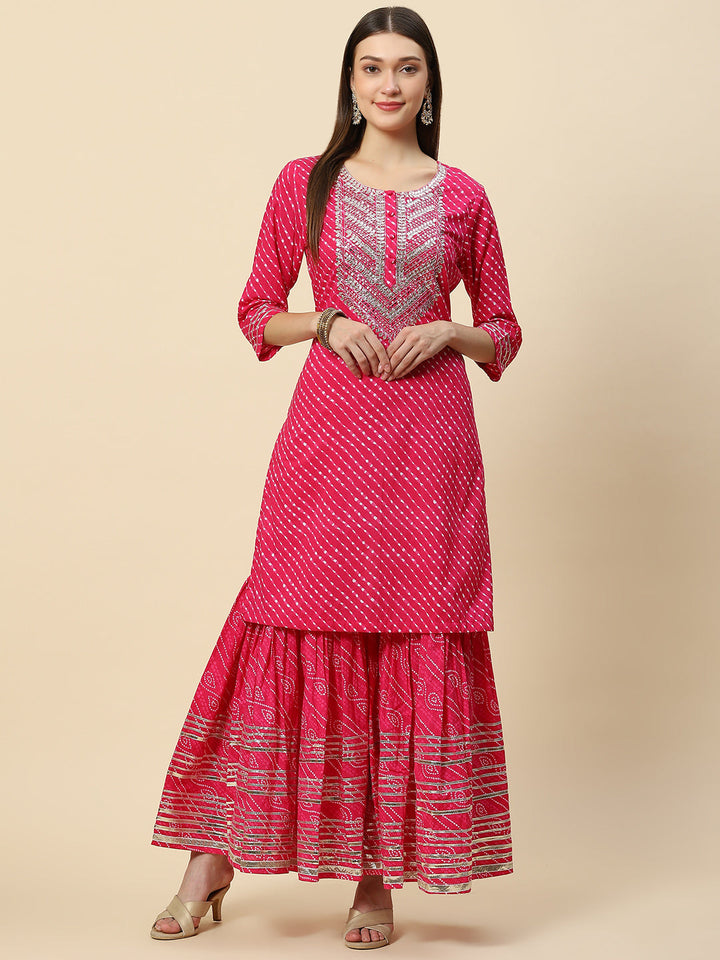 Leheriya Printed &amp; Embroidered Cotton Kurta With Sharara