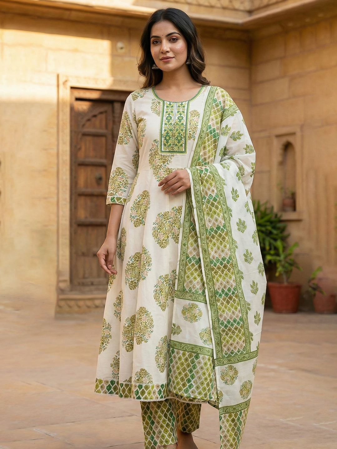 Printed Cotton Blend Kurta With Pant &amp; Dupatta