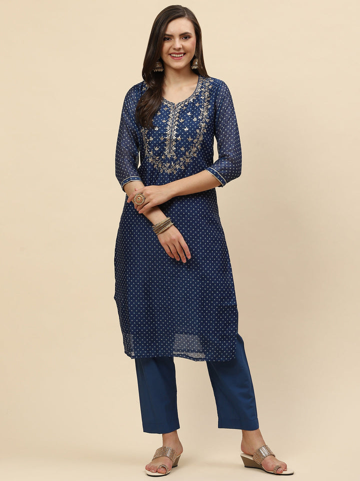 Gota Work &amp; Printed Chanderi Kurta With Pants