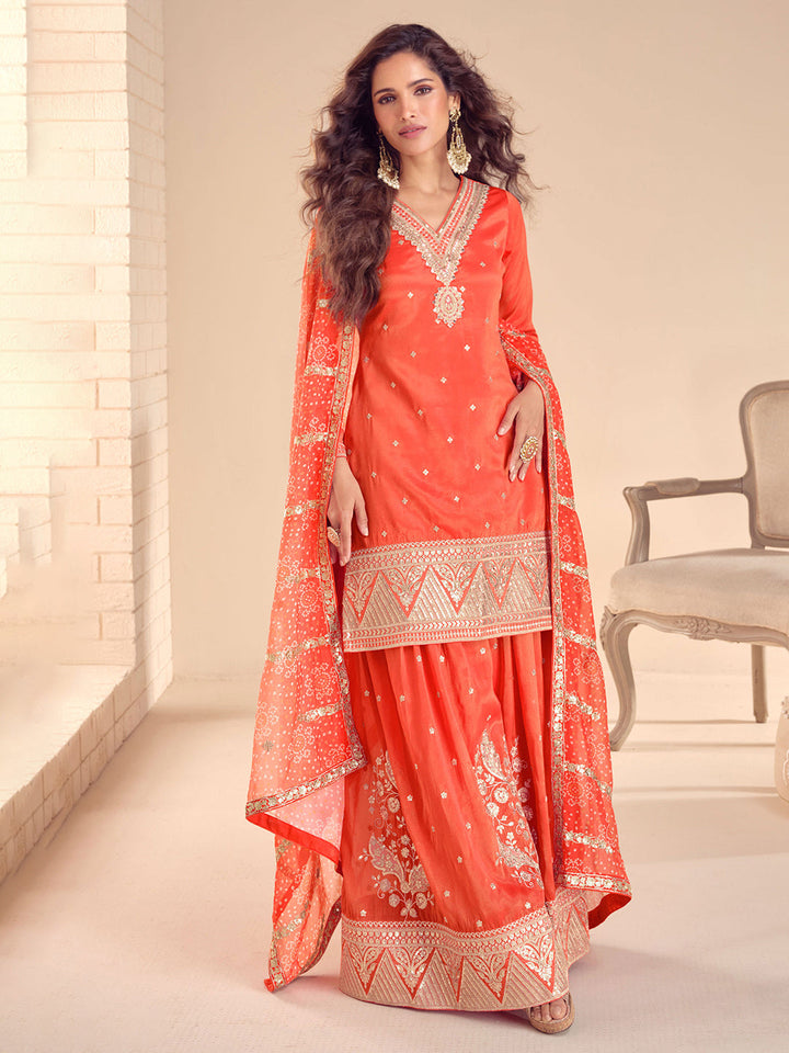Embroidered Simar Silk Kurta With Plazzo &amp; Dupatta