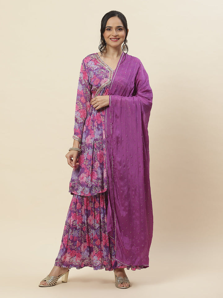 Floral Printed Chinnon Kurti With Garara &amp; Dupatta