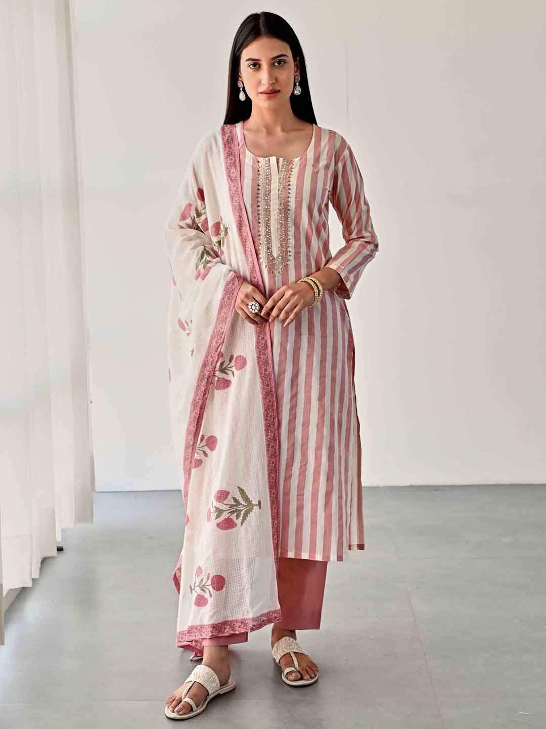 Printed Cotton Kurta With Pants &amp; Dupatta
