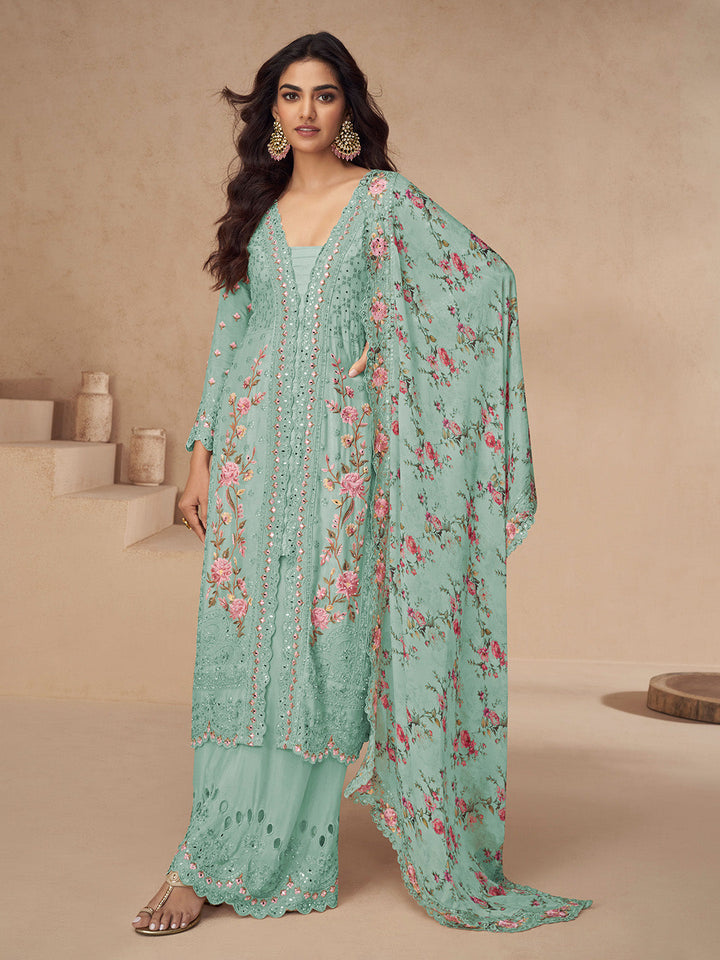 Embroidered Chinon Silk Kurta With Plazzo &amp; Dupatta