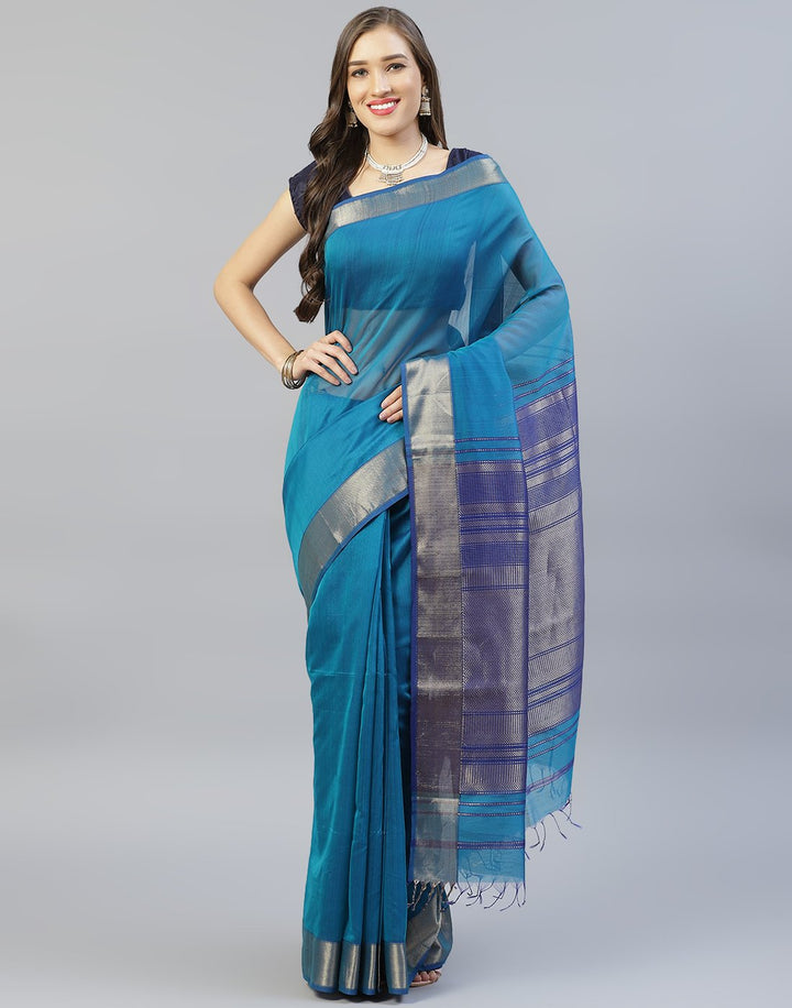 Woven Cotton Pink and Lake Blue Saree