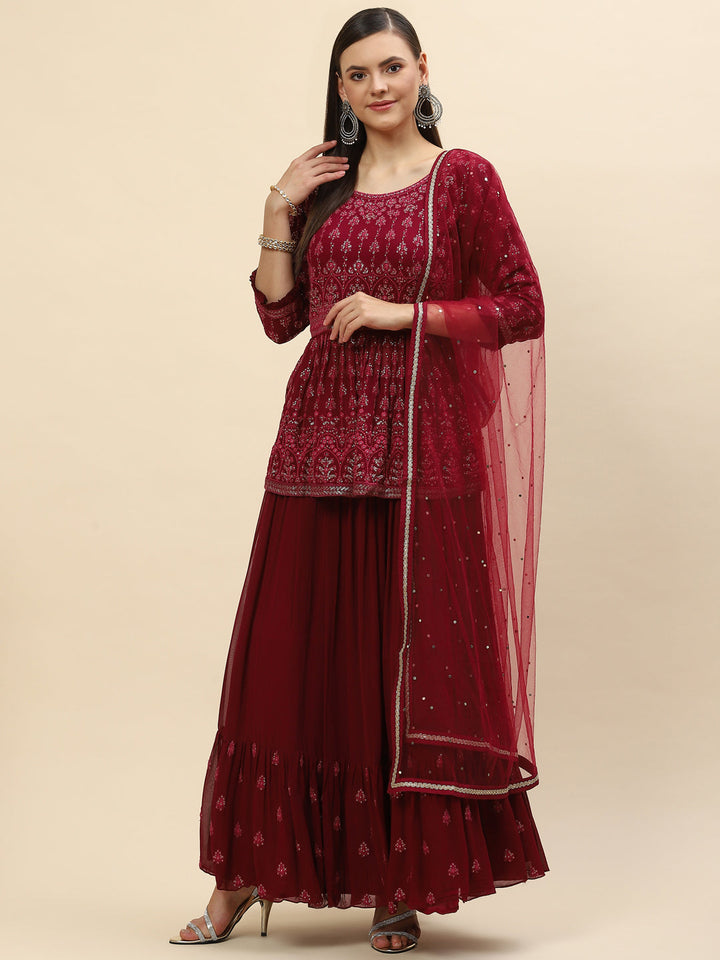 Sequin Embroidered Georgette Peplum Choli With Lehenga &amp; Dupatta