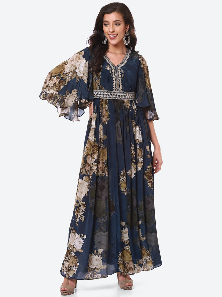 Floral Digital Printed Crepe A-Line Gown Dress