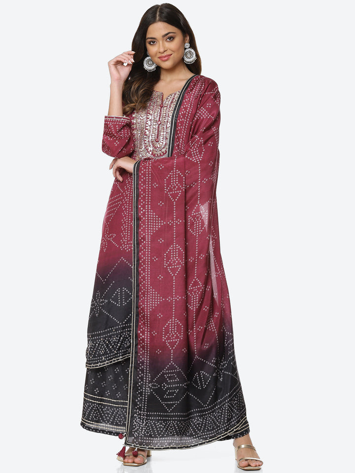 Printed Gota Neck Cotton Kurta With Palazzo &amp; Dupatta