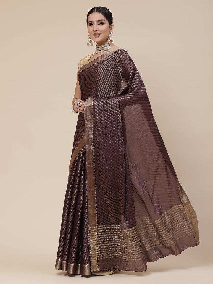 Striped Brocade Georgette Plain Saree
