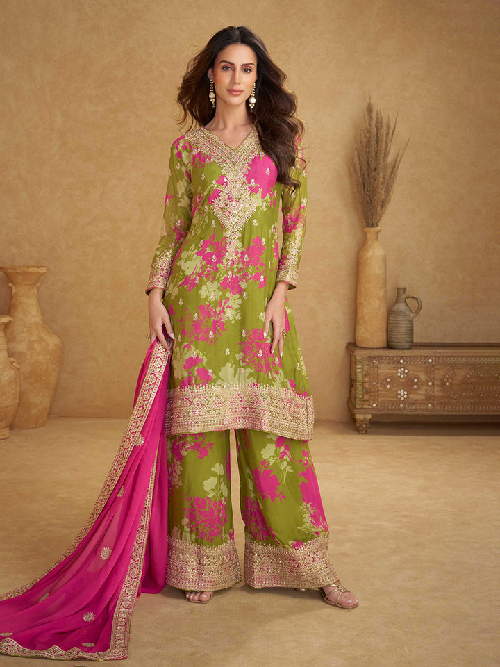 Embroidered Chinon Kurta With Plazzo &amp; Dupatta