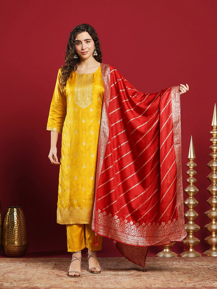 Embroidered Cotton Kurta With Pant &amp; Dupatta