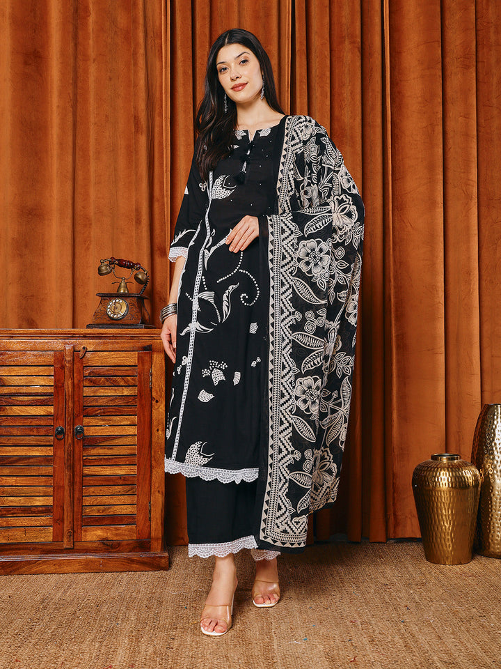 Printed Cotton Blend Kurta With Pants &amp; Dupatta