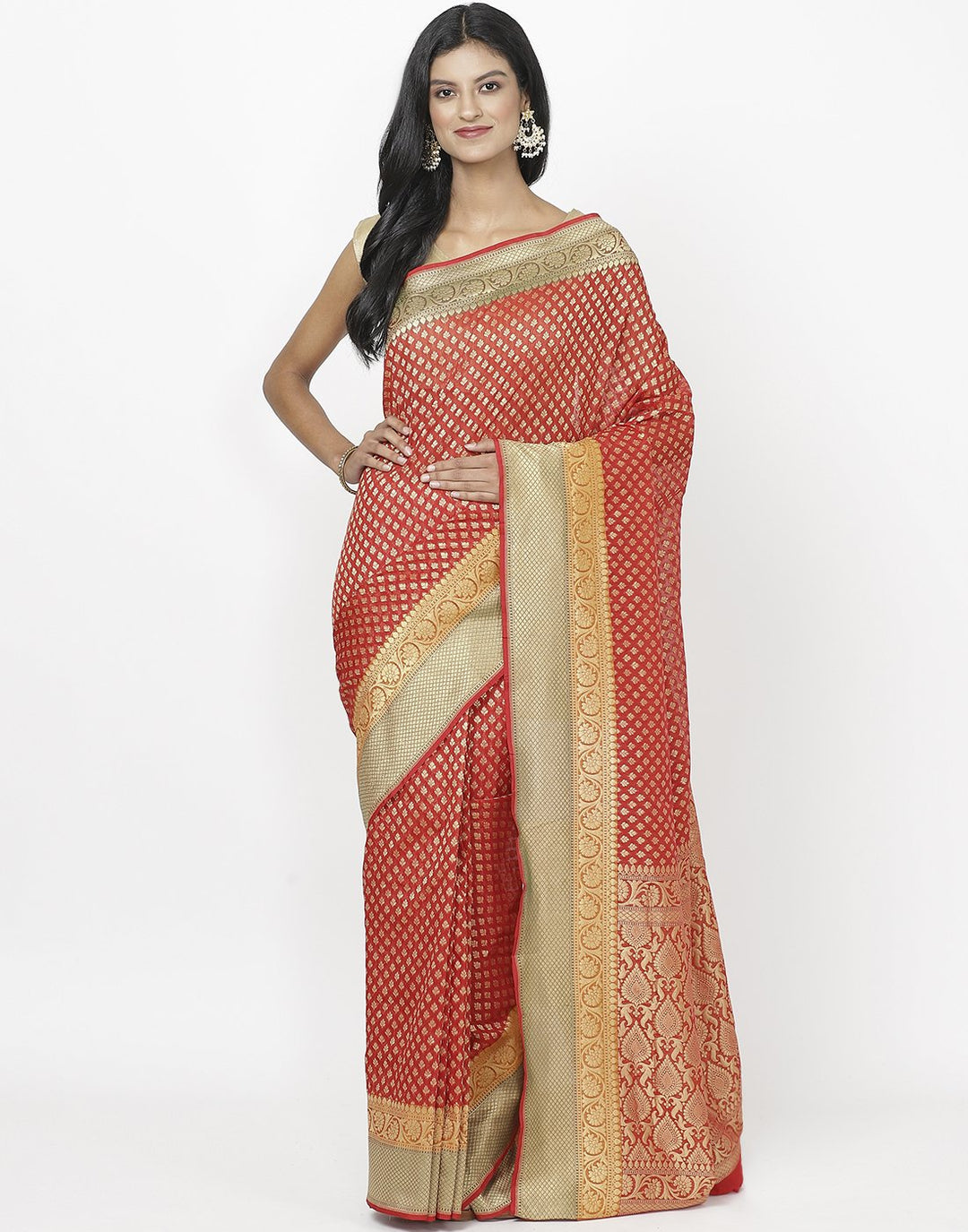 MBZ Meena Bazaar-Red Banarasi Art Handloom Saree