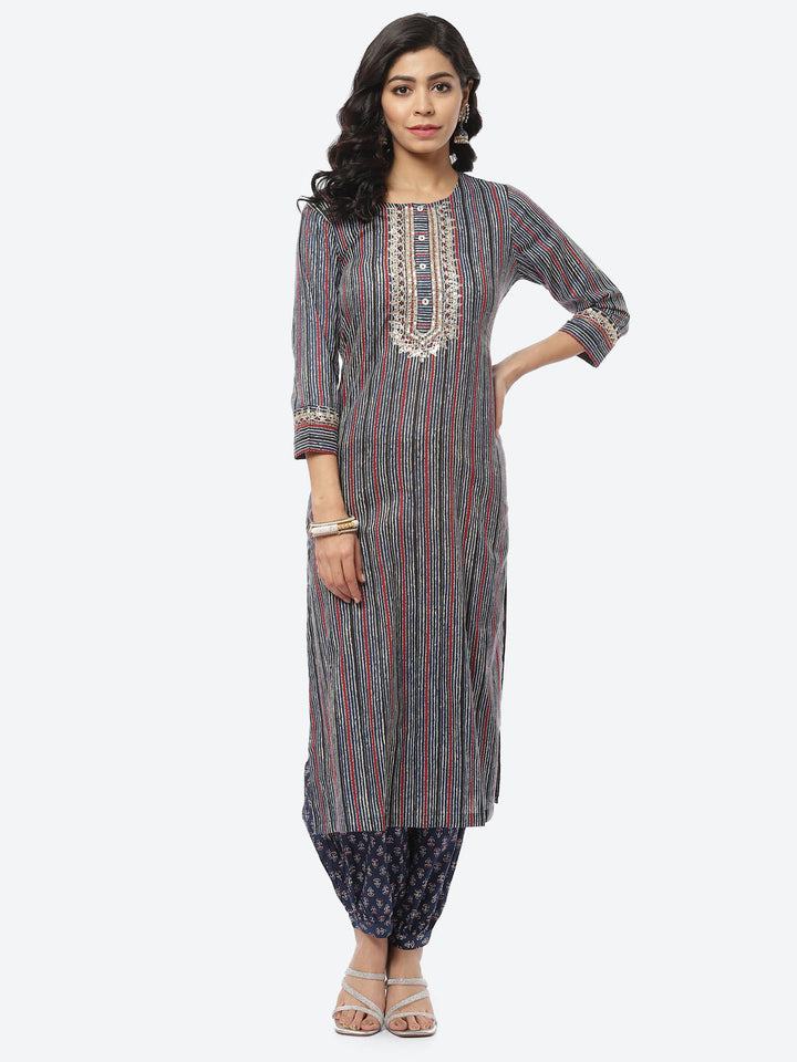 Printed Zari Neck Cotton Kurti With Afghani Pant