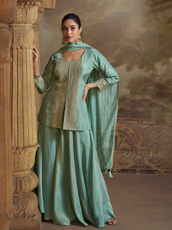 Embroidered Art Silk Kurti With Gharara &amp; Dupatta