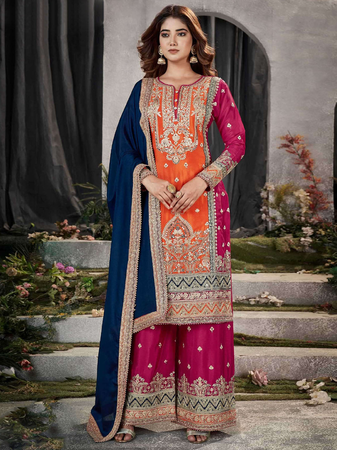 Embroidery &amp; Mirror Straight Round Neck Chinnon Long Sleeves Palazzo