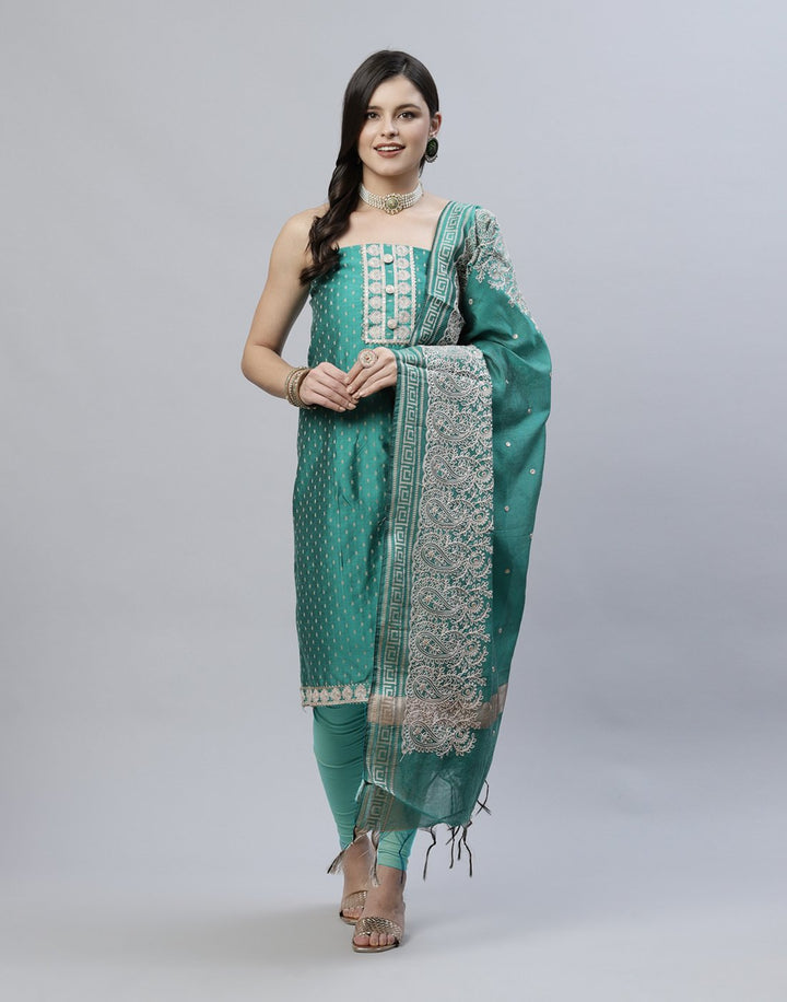 Printed Chanderi Suit Piece With Embroidered Yoke And Dupatta