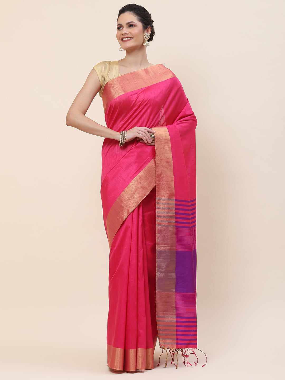 Plain Zari Border Woven Handloom Saree