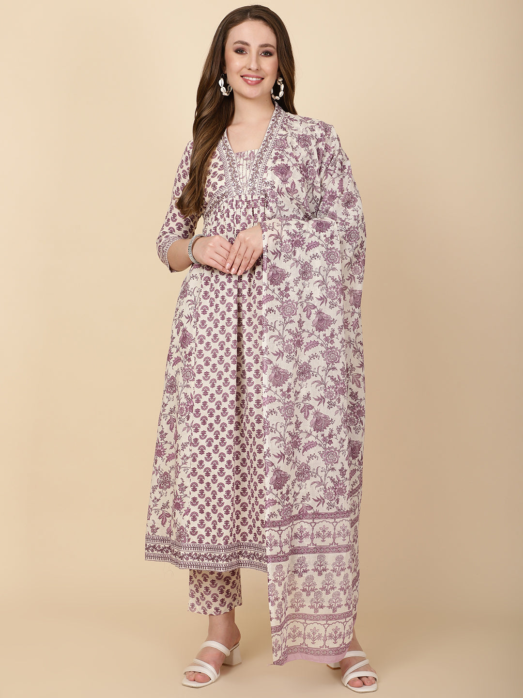 Floral Printed Cotton Blend Purple Cream Suit With Pant &amp; Dupatta