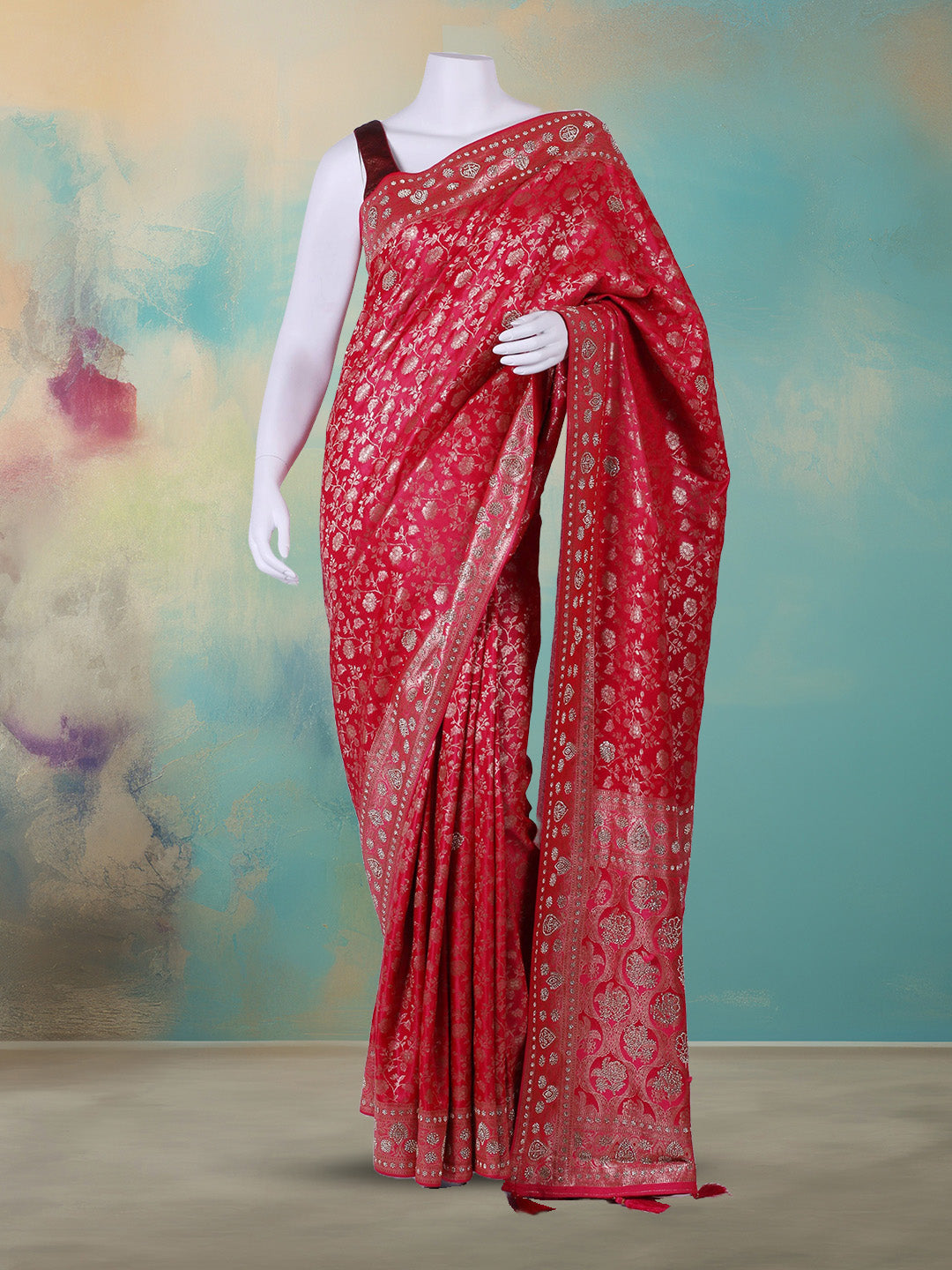 Stone Work Satin Embroidery Saree