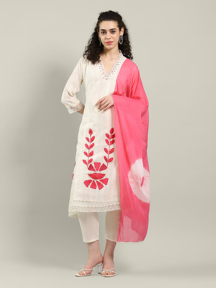 Neck Embroidered Cotton Blend Kurta With Pants &amp; Dupatta
